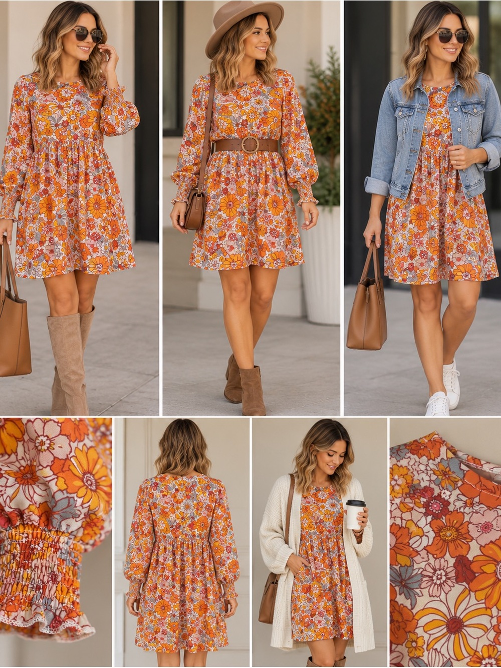 Women's Orange Floral Smocked Long-Sleeve Midi Dress